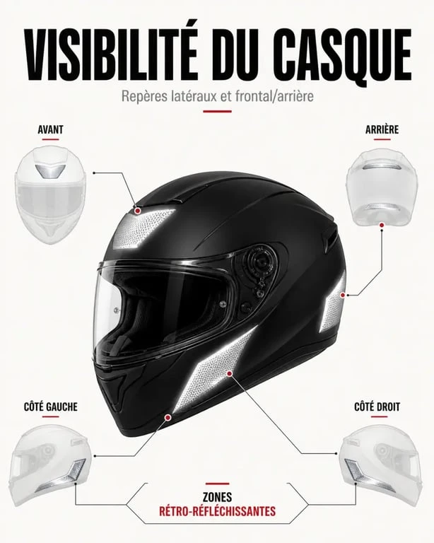 Bande reflechissante casque moto avec les quatre emplacements obligatoires sur un casque moto