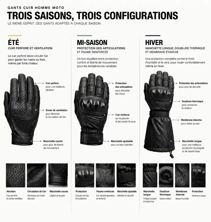 Infographie des gants cuir homme moto selon la saison et le niveau de protection
