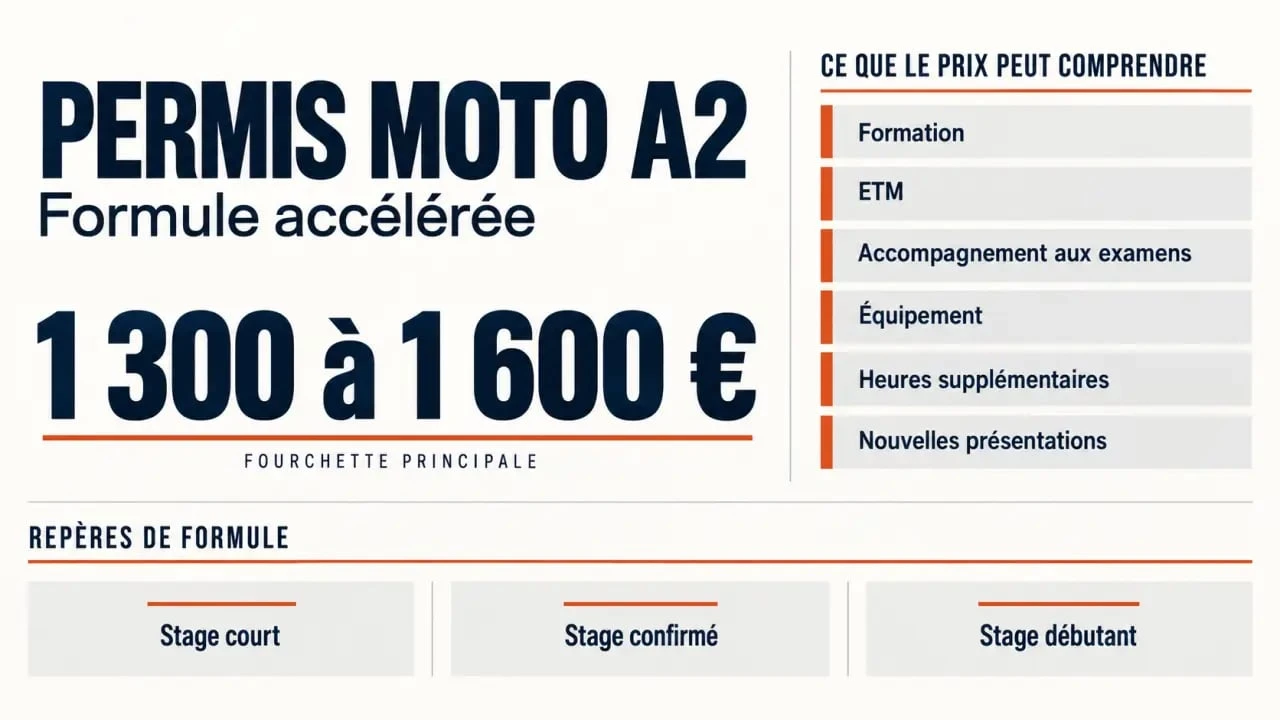 Infographie sur le prix d’un permis moto A2 accéléré et la répartition du budget