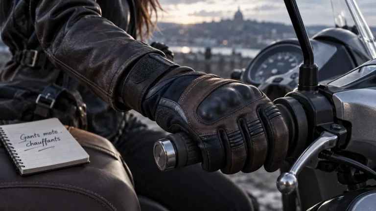 Gants moto chauffant femme : main gantée sur poignée de scooter
