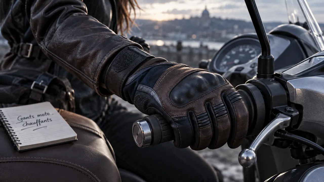 Gants moto chauffant femme : main gantée sur poignée de scooter