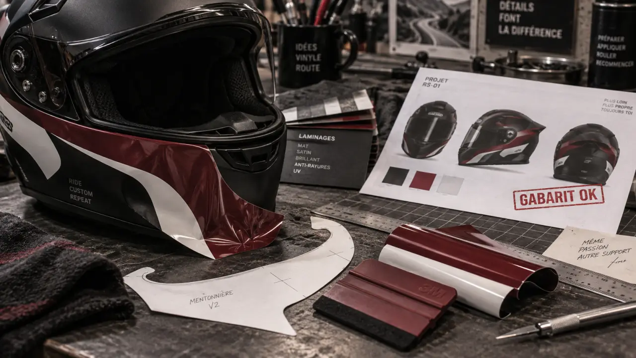 Kit déco casque intégral : gabarit papier pour vinyle sur casque noir