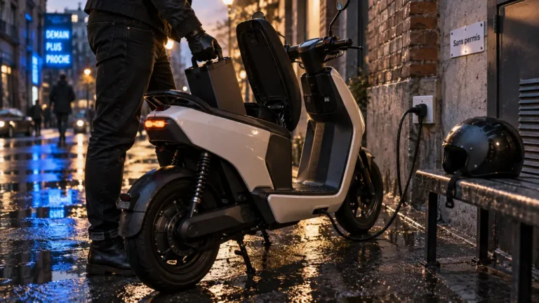 Moto electrique sans permis 45 km/h : batterie amovible sur rue mouillée