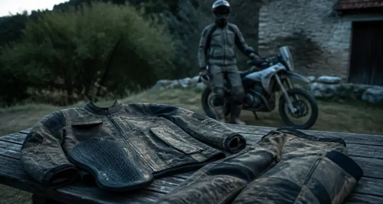 Tenue trail moto : veste et pantalon trail textile technique et dorsale amovible