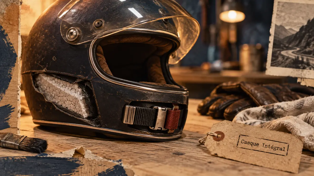 Casque intégral vintage homologué, gros plan visière et mentonnière