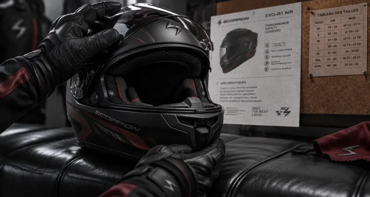 Casque scorpion intégral Scorpion Airfit avec écran et Pinlock, mains ajustant le casque