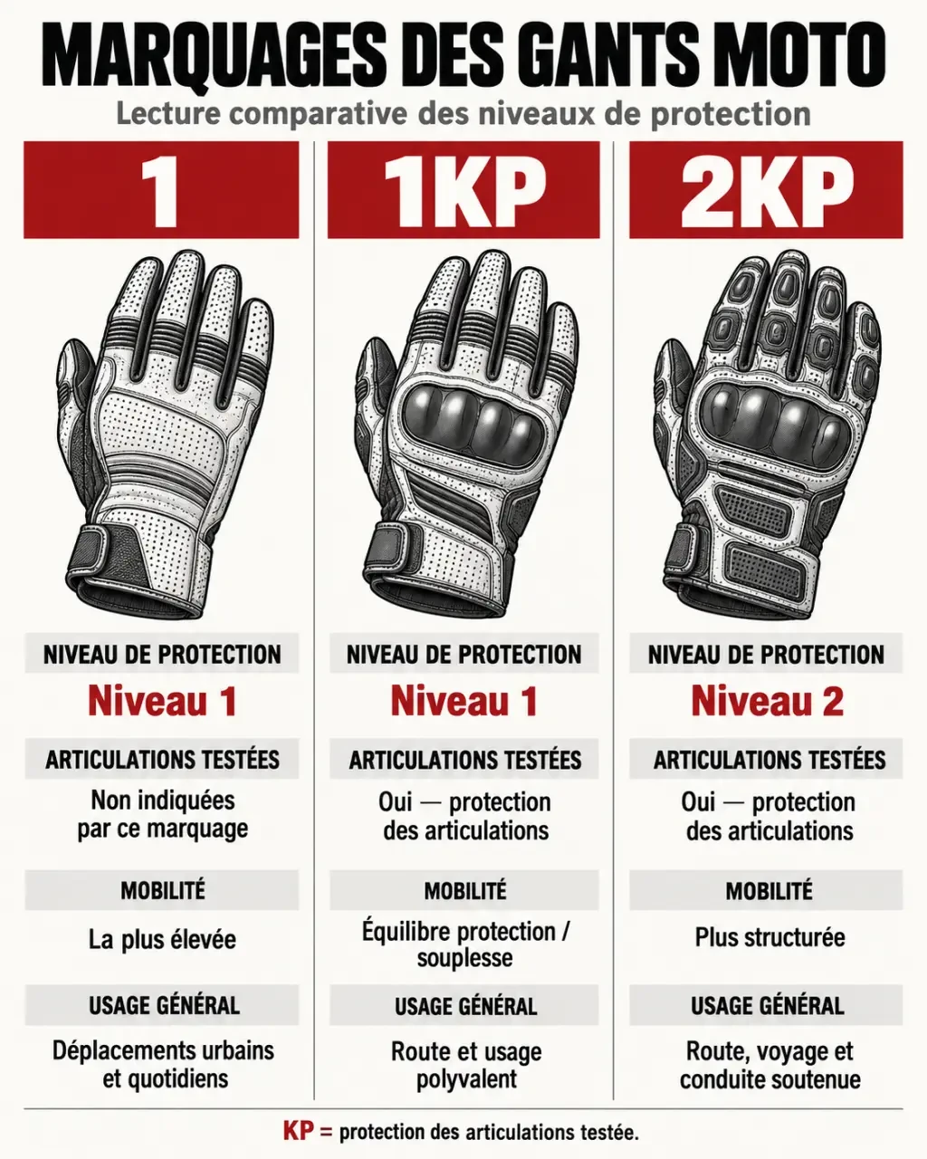 Infographie des niveaux 1, 1KP et 2KP de l’homologation des gants moto