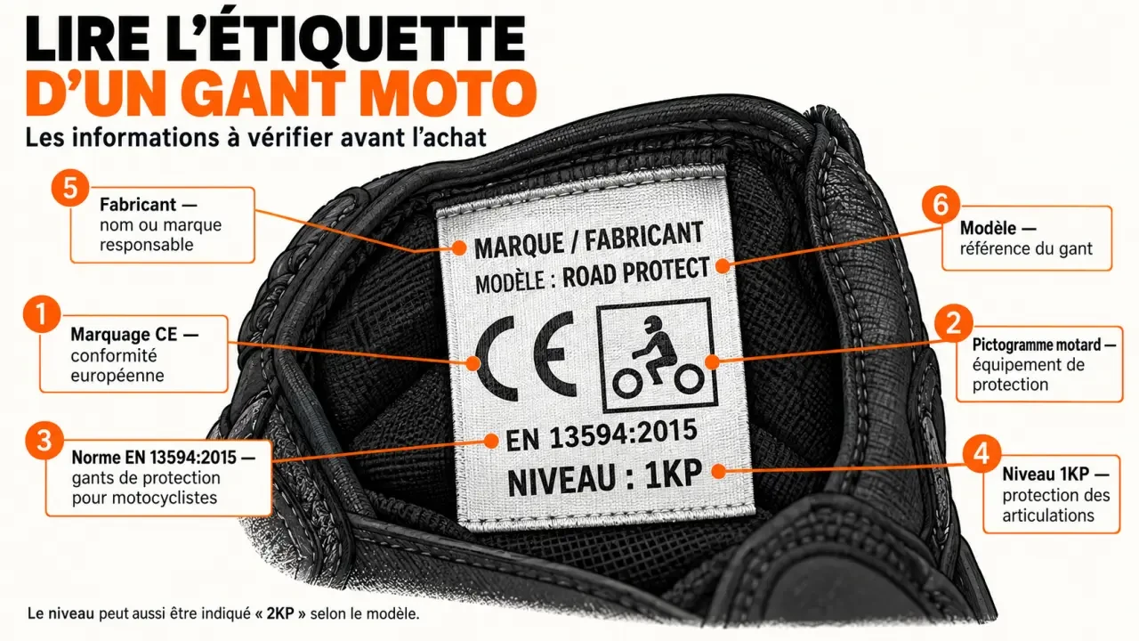 Schéma de l’étiquette à vérifier pour l’homologation des gants moto