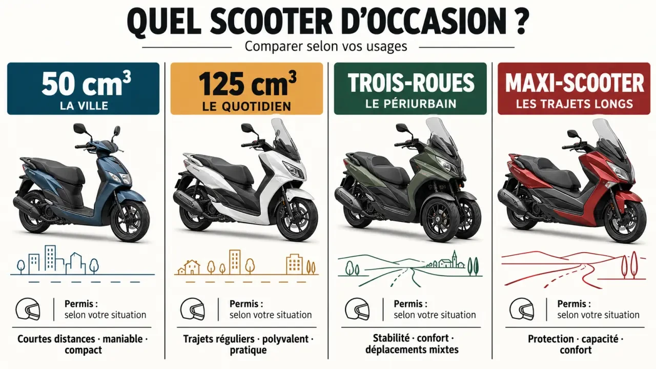 Scooter d’occasion : comparaison visuelle des catégories 50 cm³, 125 cm³, trois-roues et maxi-scooter