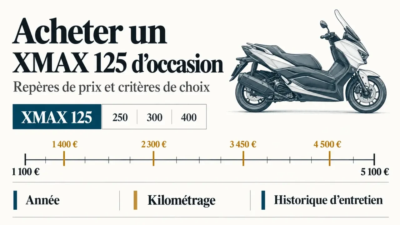 Infographie de comparaison pour choisir un scooter 125 XMAX occasion selon le prix, l'année, le kilométrage et l'historique