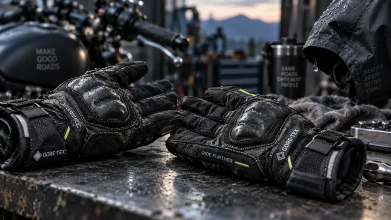 Gants moto gore tex humides, coutures et coques visibles, guidon flou