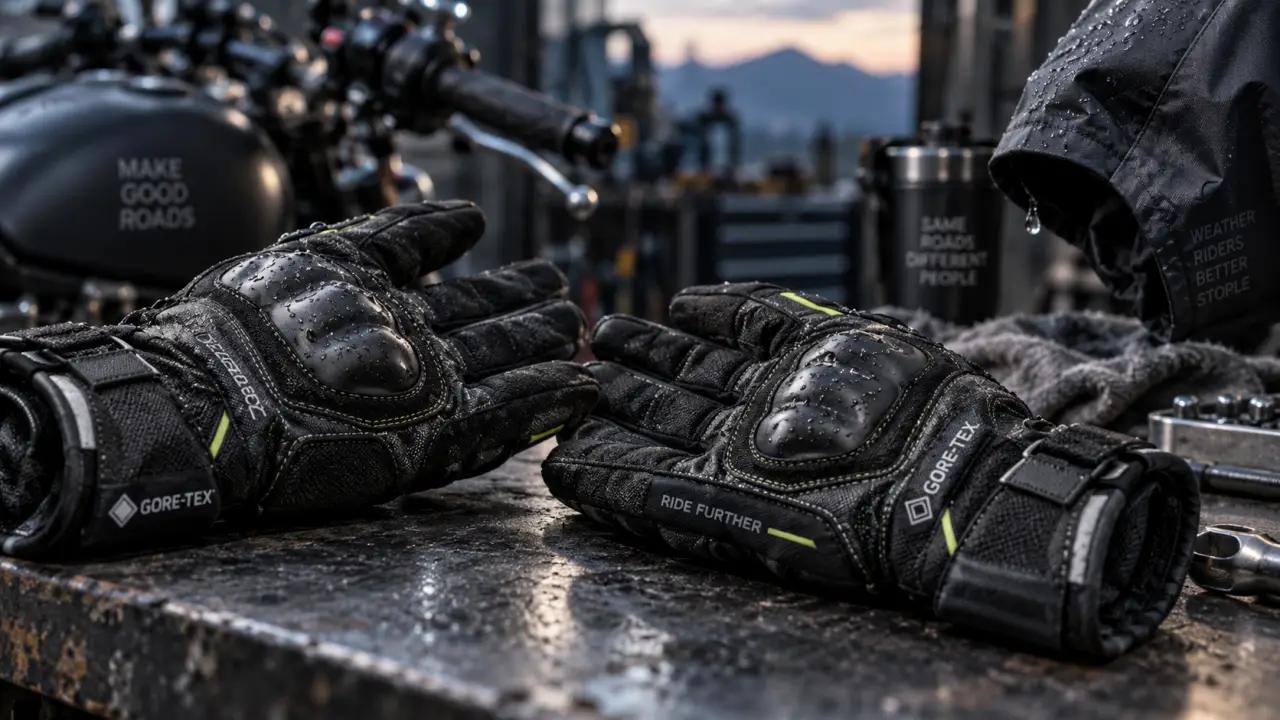 Gants moto gore tex humides, coutures et coques visibles, guidon flou