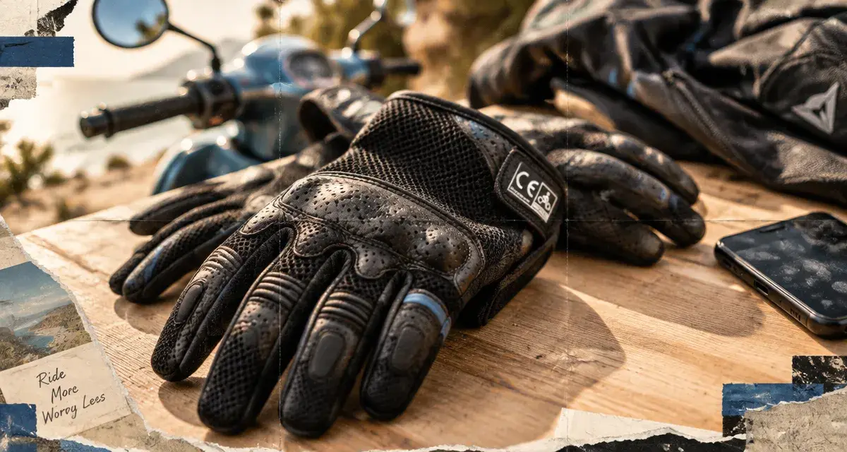Moto gants ete ventilés, protection mains en mesh et cuir perforé